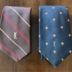 Yves Saint Laurent Men's Silk Ties — Navy & Brown with Red Accents